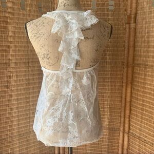 Guess Ivory Lace Sheer Tank with Flirty Ruffle Back Accent